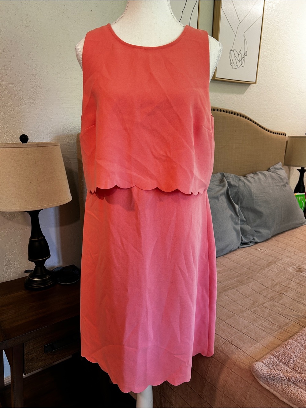 LOFT Coral-Pink Sleeveless Midi Dress with Scallop Layers